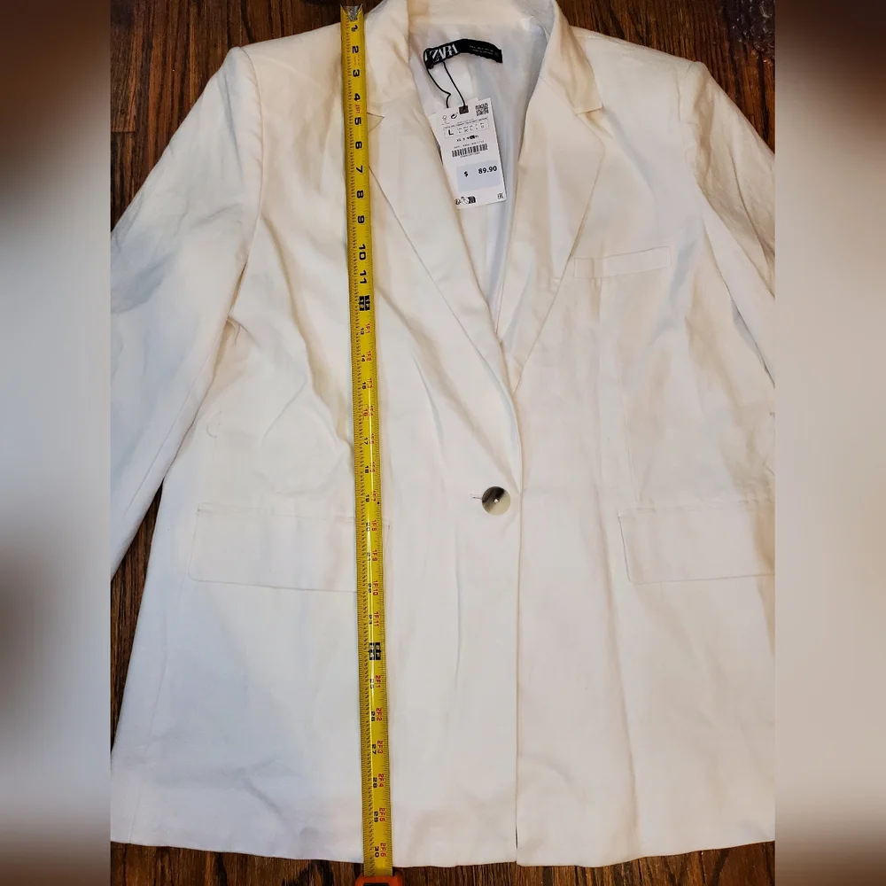Zara Ecru Linen Blend Belted One Button Blazer - Picture 10 of 16